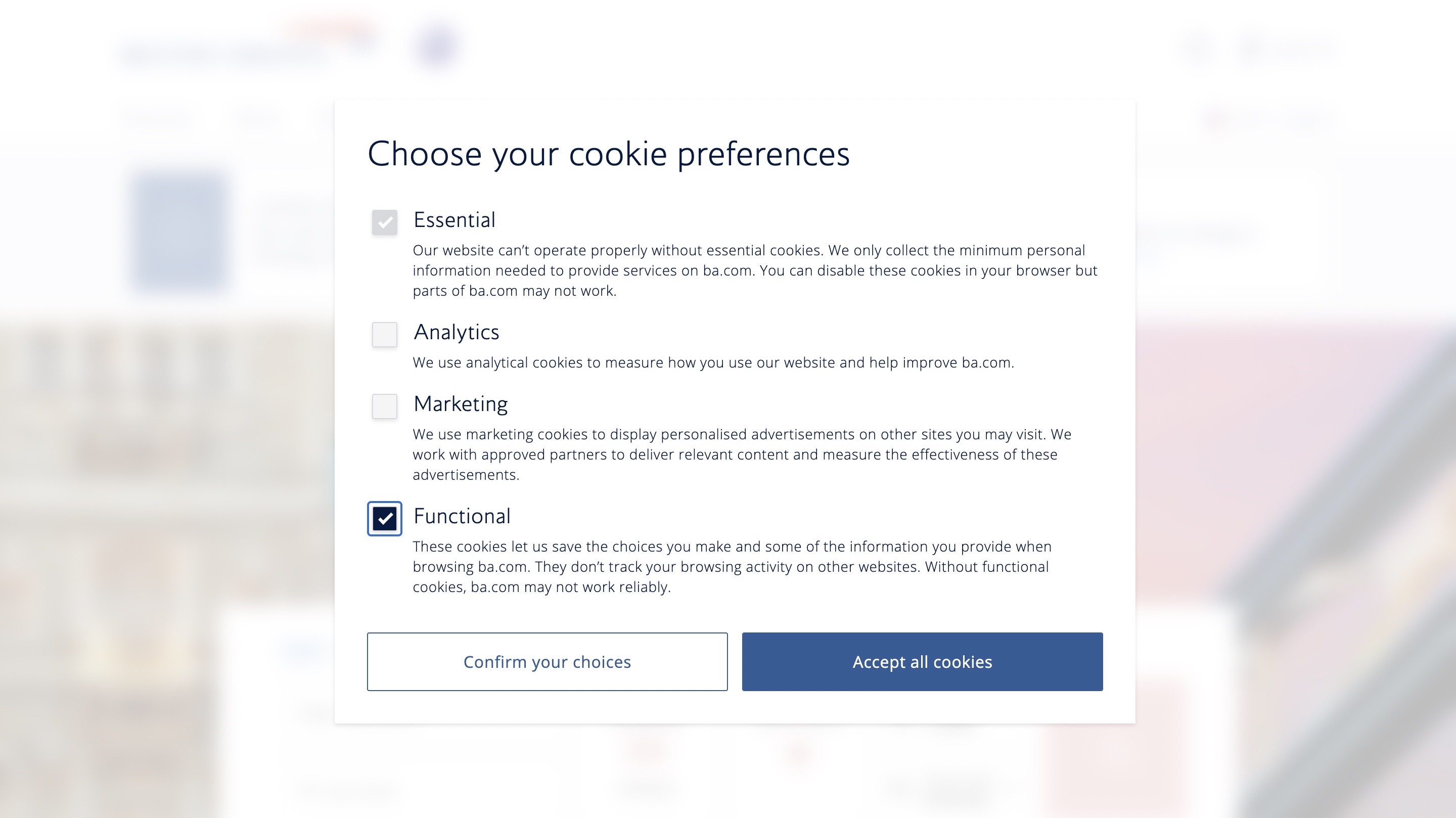 Modal with Accept All cookies as primary button